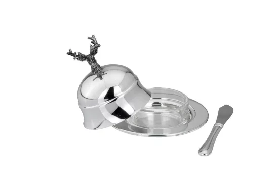 Маслянка зі срібним покриттям з фігуркою оленя та ножем